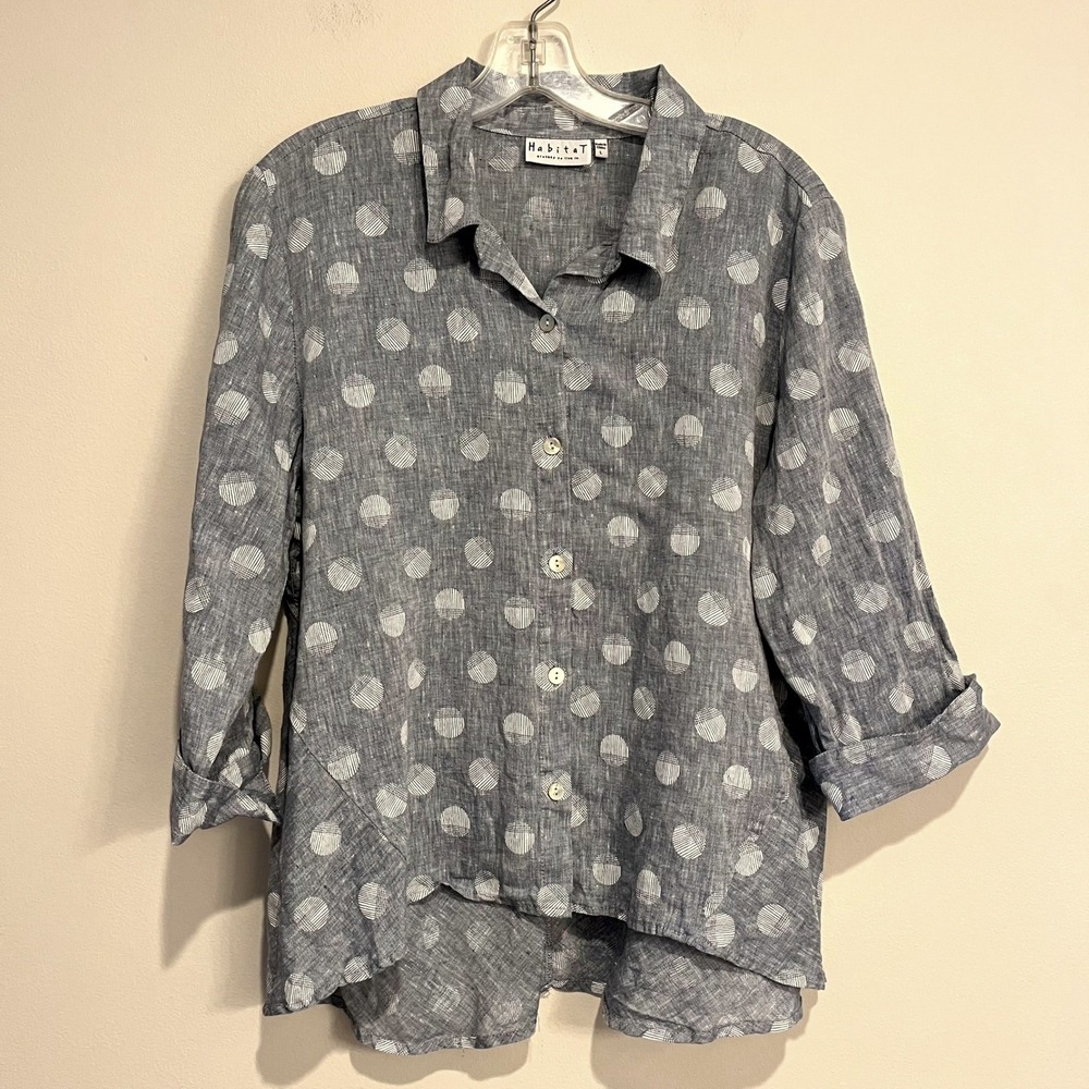 Habitat Blouse Button Down Shirt Blue Polka Dot 100% Linen Flax Size L